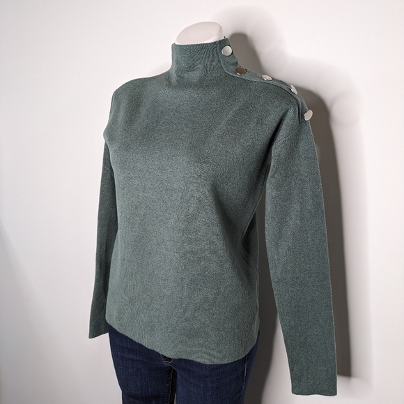 Tahari green/blue silver button accent long sleeve high neck sweater XS - Picture 6 of 10